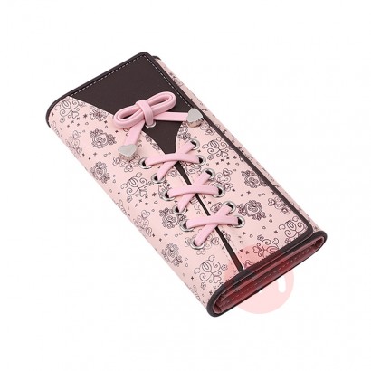 OEM PU Leather Shoelace Style Pocket Long Wallet Multi-functional Women Bow Lace Up Coin Purse Card Holders Clutch