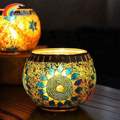 Handmade colored mosaic glass votive candle holder