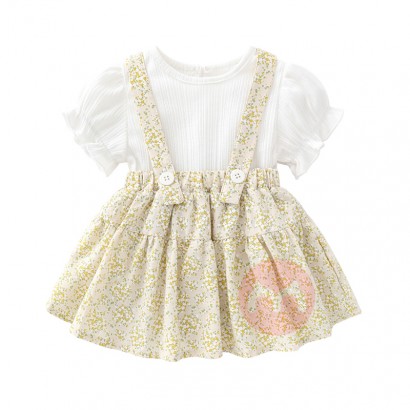 Ins Style Boutique Baby Girls Summer Clothing Set, Toddler Dress Set Plain white Cotton T-shirt with Floral Suspender Dr