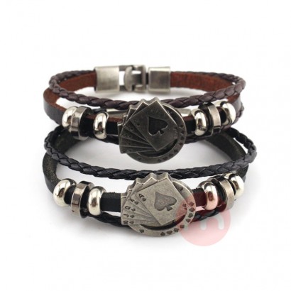 OEM Vintage Men's Leather Bracelet Playing Cards Poker Design Bracelet Raja Vegas Charm Multilayer Braided Bracelet