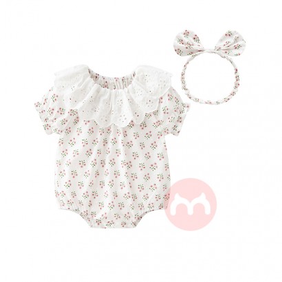 100% Cotton Summer Short-Sleeve Baby Onesie Toddler one piece Clothing & Hairband Lace collar romper