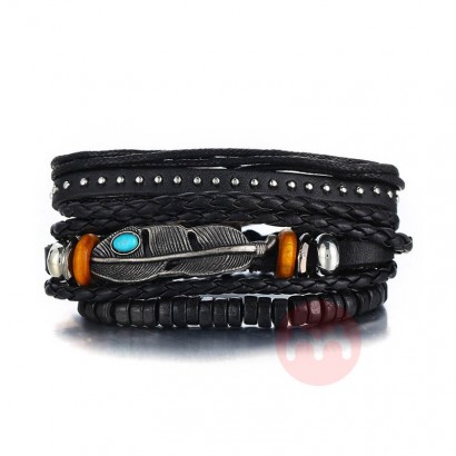 OEM Retro Punk Turquoise Leather Bracelet Creative Feather Bracelet for Men Handmade Jewelry Accessories