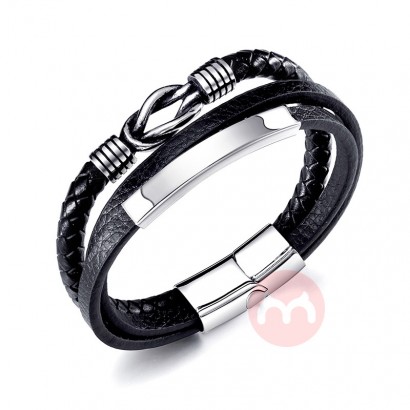 ZG Hot Selling Multi-layer Braided Stainless Steel Men's Genuine Leather Bracelet Fashion Titanium Steel Magnet Buckle B