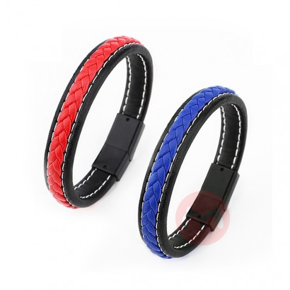 Trendy Jewelry Black Red Braid Leather Stainless Steel Men Bracelet Gift Box