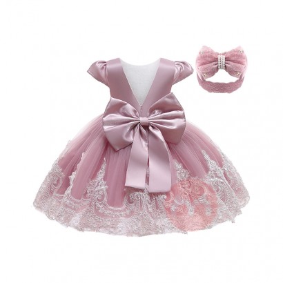 LZH Toddler Baby Clothing Girl Bowknot Lace Princess Christmas Dresses with Headwear Baby 1 Year Birthday Dress