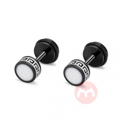 Single Men Earrings Black Round Pie Barbell Stainless Steel Earrings