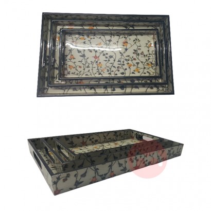 UPOD HotSelling Set of 3 Unique Mango Wood Rectangular Decorative Hand-made Enameled White Printed Tabletop Serving Sto