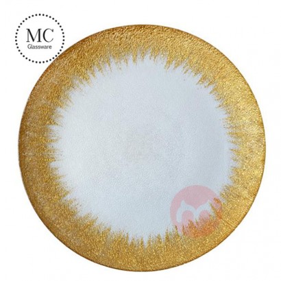 MC Glass 13Brush Gold Foil Leaf Rim Glass Charger Plates Modern Glam Look Bulk Set of 4 Table Setting Tabletop Tablescap