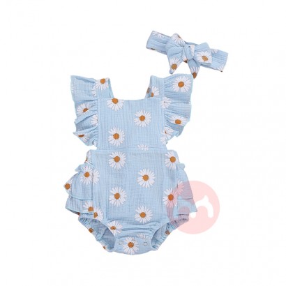 2021 Newborn Infant Boys Bodysuits Headband Flowers Print Ruffles Short Sleeve Backless Jumpsuits 4 Colors Baby Girl Rom