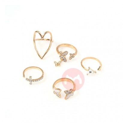 Delicate Cross Geometric Ring Cutout Butterfly Ring Rhinestone Heart 5 Piece Ring Set