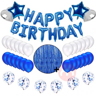 PAFU Blue Birthday Party Supplies Happy Birthday Balloons Banner Confetti Balloons Foil Curtain Birthday Decoration