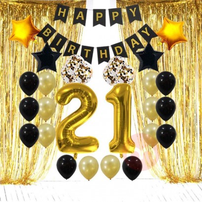 PAFU Gold And Black 21th Birthday Party Supplies Happy Birthday Banner Confetti Balloons Foil Curtain Birthday Decoratio