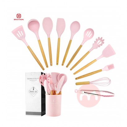 BROADSEAL 11 Pcs Kitchen Spoon Soup Ladle Slotted Turner Whisk Tongs Brush Pasta Server Silicone Cooking Utensil Set wit