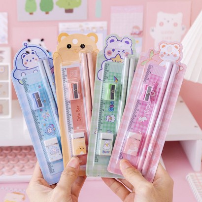 [5 sets]Creative stationery group animal cute cartoon pencil ruler